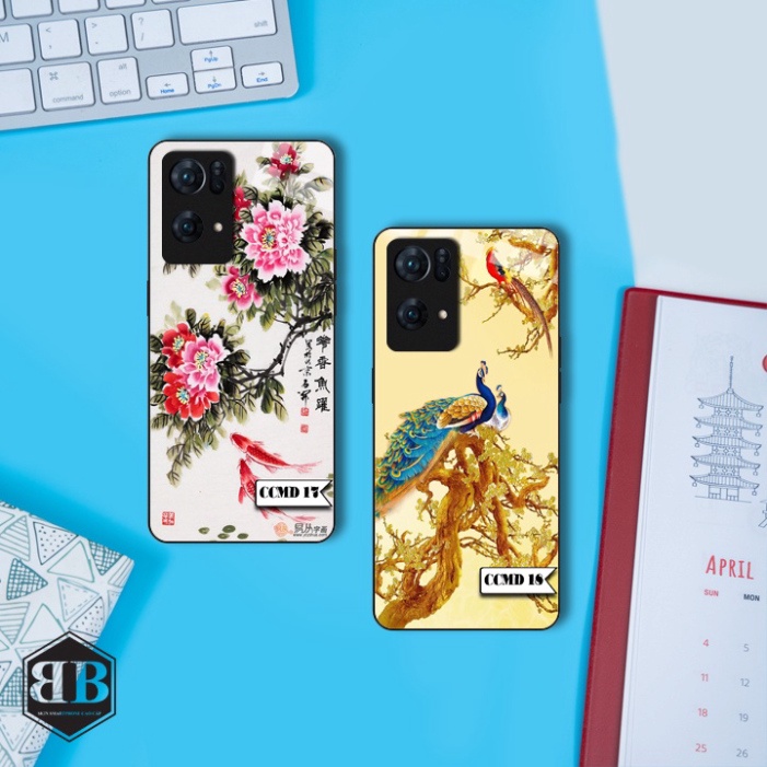 ỐP lưng kính cường lực Oppo Reno 7 Pro 5G chim công mẫu đơn