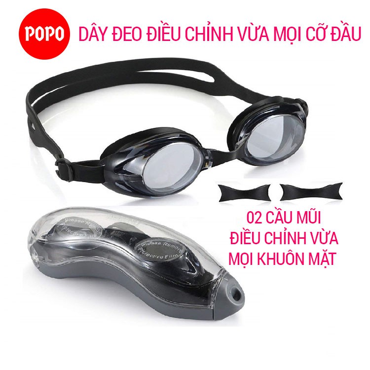 Kính bơi người lớn nam nữ chính hãng POPO Set1153 kèm mũ bơi trơn, bịt tai kẹp mũi với mắt kiếng bơi chống tia UV