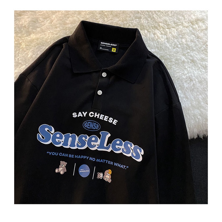 Japanese Retro Cartoon Bear Print Loose Long-sleeved Polo Shirt | BigBuy360 - bigbuy360.vn