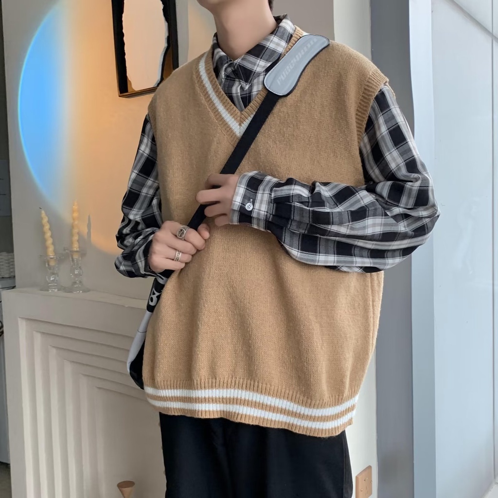 Áo Sweater Không Tay Dáng Rộng Cổ Chữ V Phong Cách Retro Hàn Quốc Dành Cho Nam Giới M-2XL