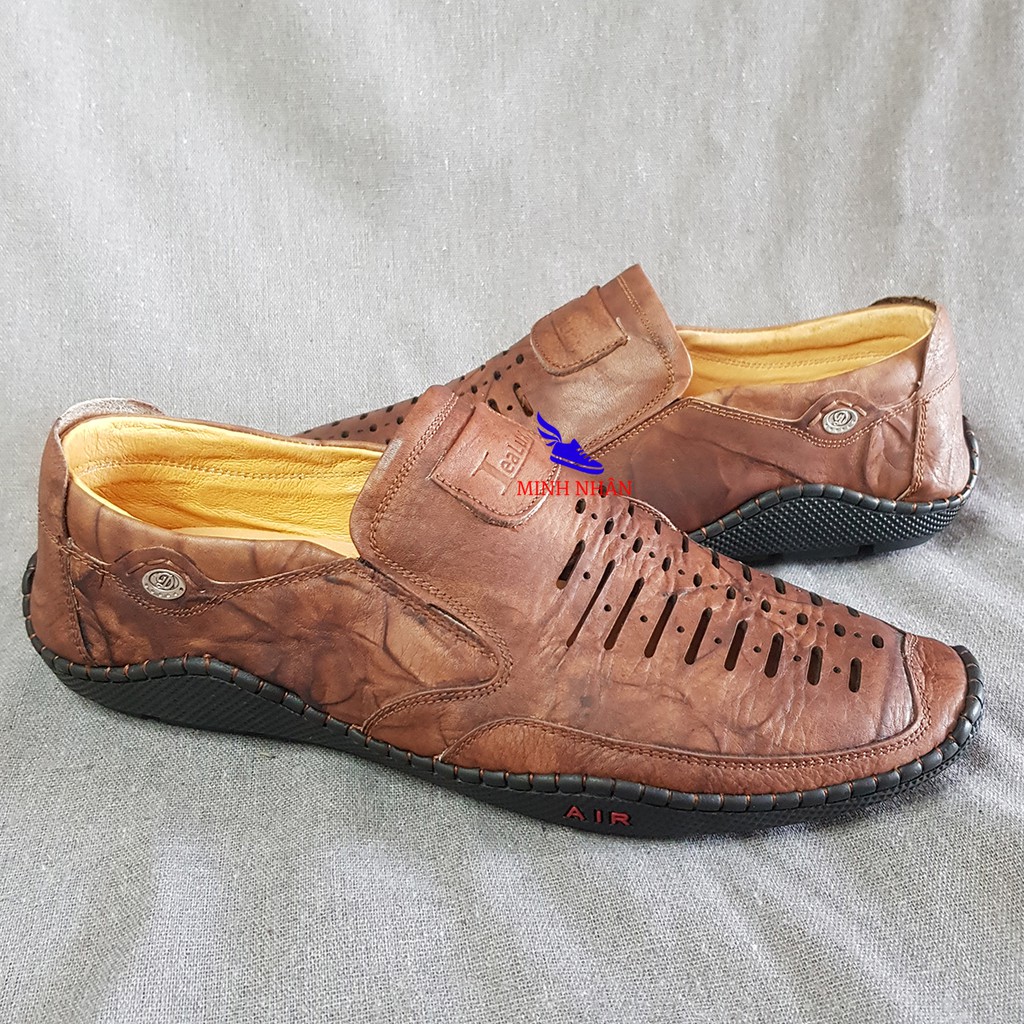 Giày rọ nam da bò cao cấp ĐẶC BIỆT LÓT DA CỪU nguyên tấm đế khâu mùa hè đục lỗ thoáng khí Men’s Summer Shoes H-2 màu nâu