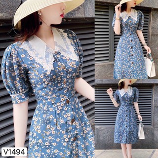 Đầm Xoè Hoa Xanh Cổ Sen Trắng Kiêu Sa phù hợp cho các Công sở, Đi chơi, Du lịch, Dự tiệc