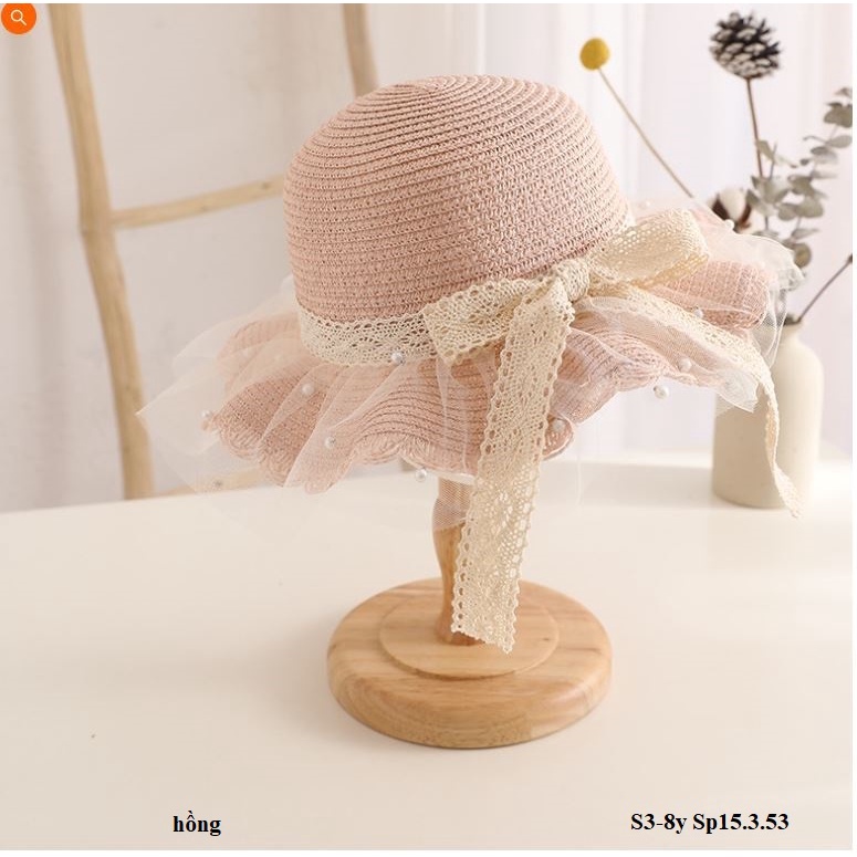 A23 Mũ cho bé/ Mũ cói đi biển cho bé gái/ Mũ cói vành rộng đính hình dễ thương,chống nắng cho bé  S3-6y