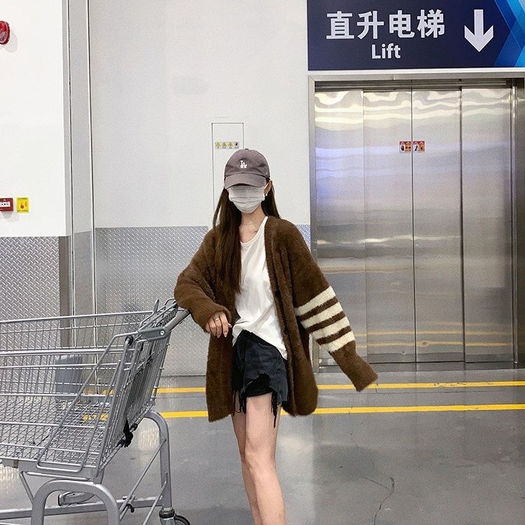 Áo Khoác Len Cardigan Dáng Rộng Họa Tiết Kẻ Sọc Thời Trang Thu Đông Cho Nữ