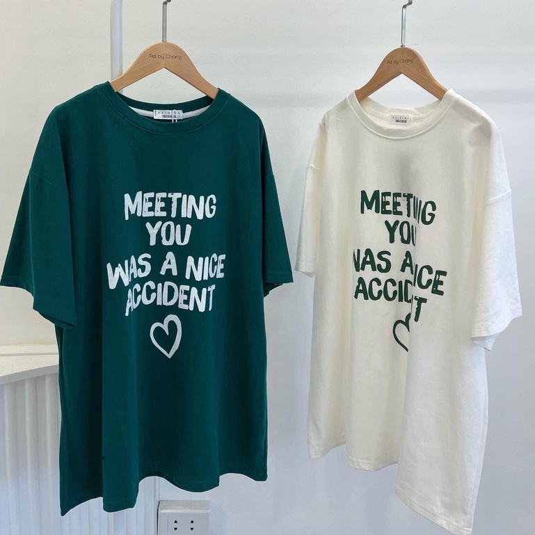Áo thun tay lỡ xanh lá Meeting You. Áo phông form rộng cotton Ulzzang nam nữ Unisex