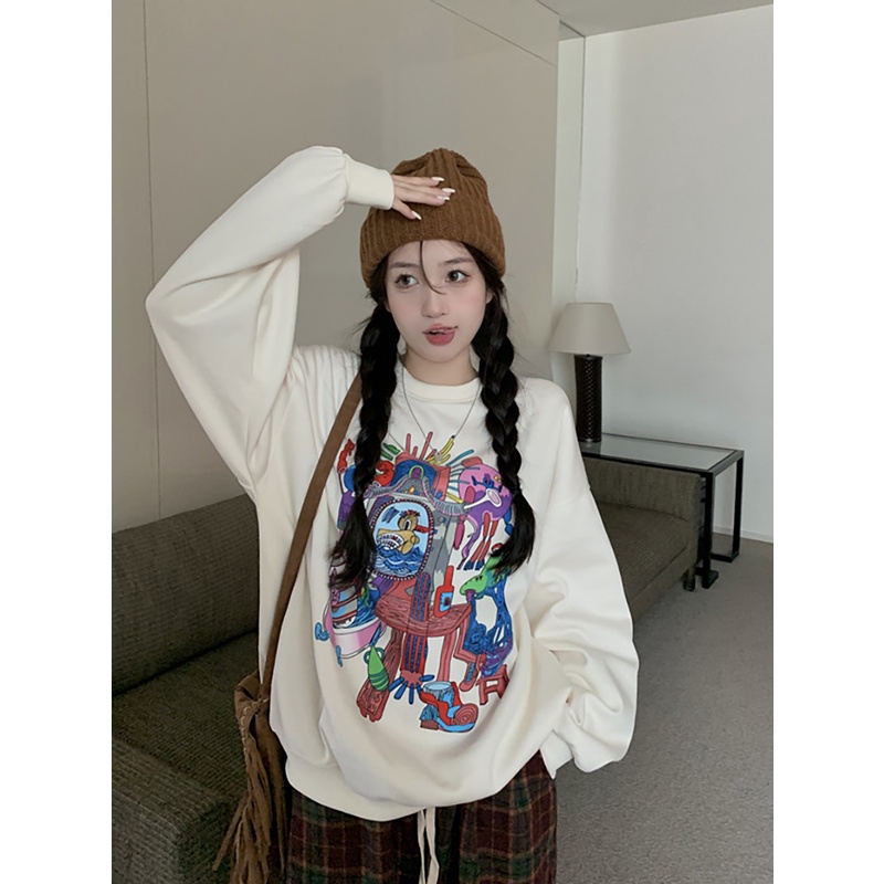 Áo Sweater Cổ Tròn Tay Dài Dáng Rộng In Họa Tiết Hoa Xinh Xắn Thời Trang Hàn Quốc Cho Nữ