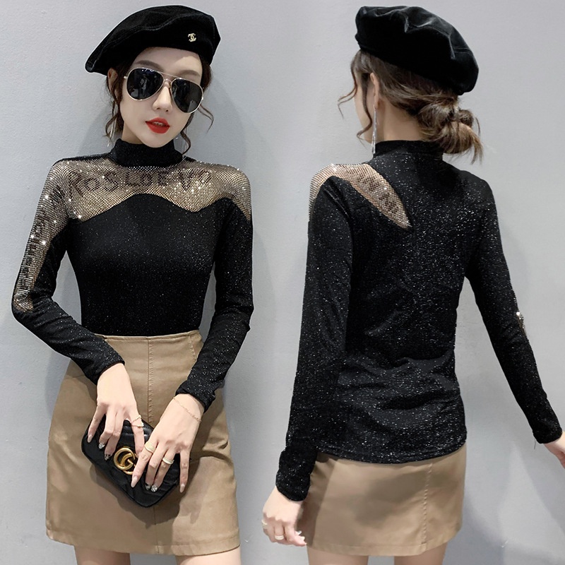 Áo lưới dài tay hoạ tiết chữ thiết kế hợp thời trang áo sơ mi dài tay nữ