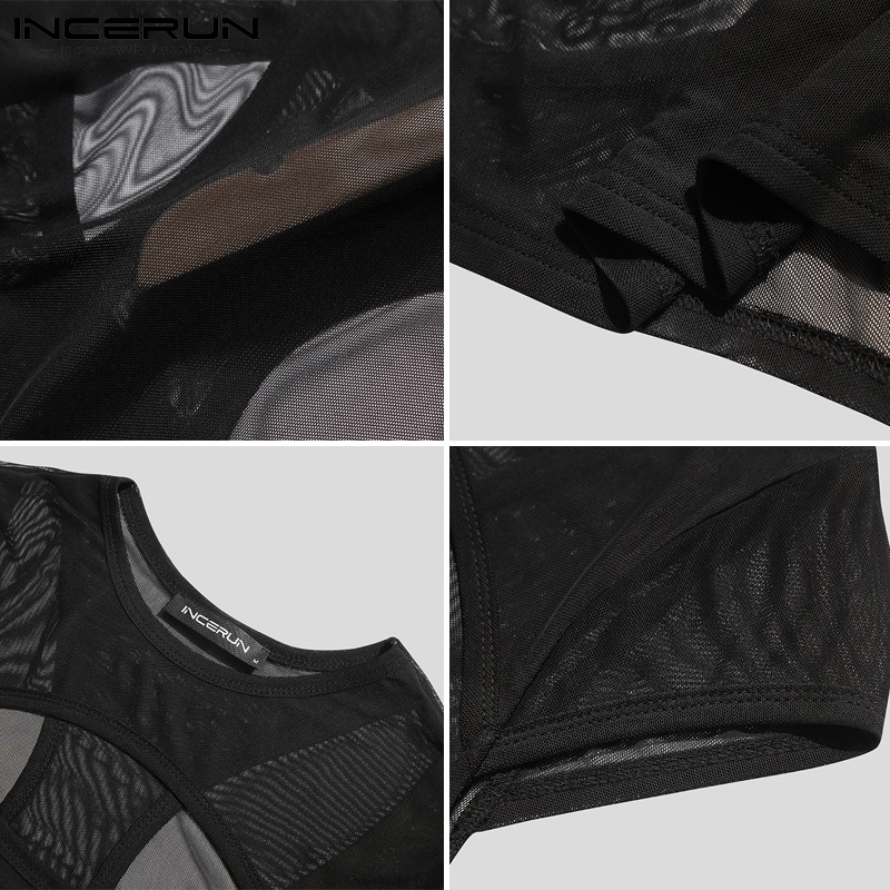 Áo croptop nam INCERUN tay ngắn khoét lỗ cổ tròn dạng lưới xuyên thấu gợi cảm