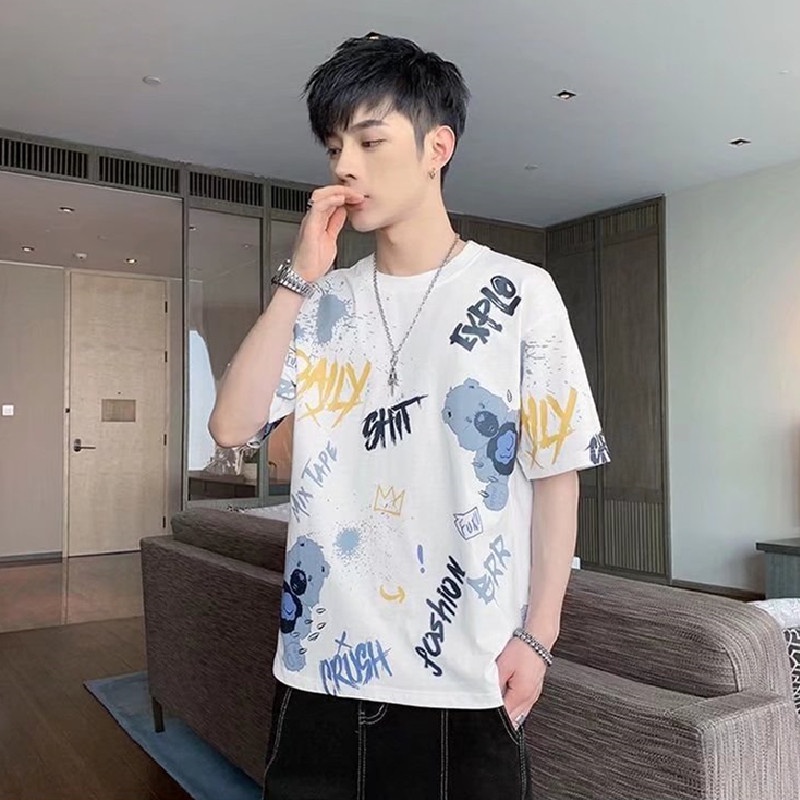 Áo Thun Tay Ngắn Cổ Tròn In Họa Tiết Hoạt Hình Phong Cách Hàn Quốc Thời Trang Cho Nam Size M-3XL