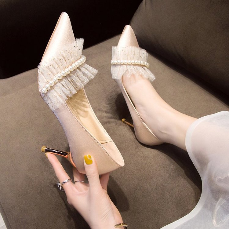 【Ready Stock】Wedding shoes woman 2021 new bridal shoe pointed toe pink stiletto high heels 7 cm