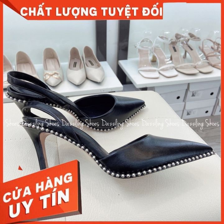 <ẢNH THẬT TẠI SHOP > Giày Sandal nữ, slingback, mũi nhọn, gót 9 phân, da thật, viền đinh nhỏ, hàng VNXK