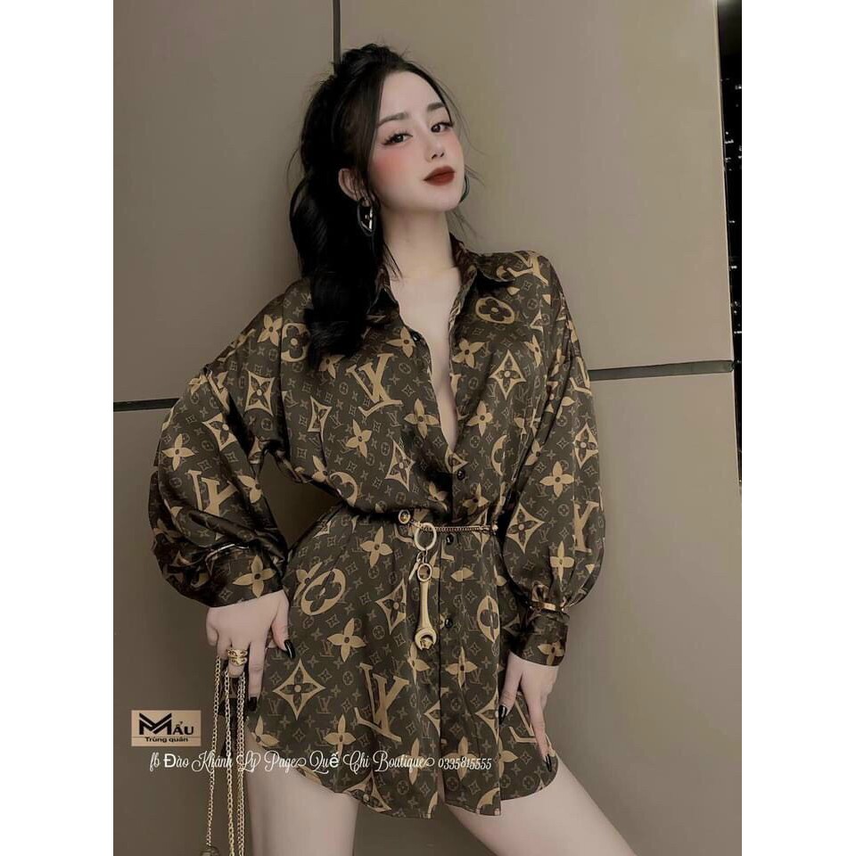 ÁO SƠ MI CỔ ĐỨC HỌA TIẾT LV NÂU SANG CHẢNH | BigBuy360 - bigbuy360.vn