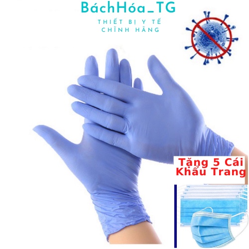 Găng tay y tế Nitrile không bột hộp 50 cái màu xanh blue cao cấp hàm lượng nitrile cao Tặng 5 cái khẩu trang kháng khuân