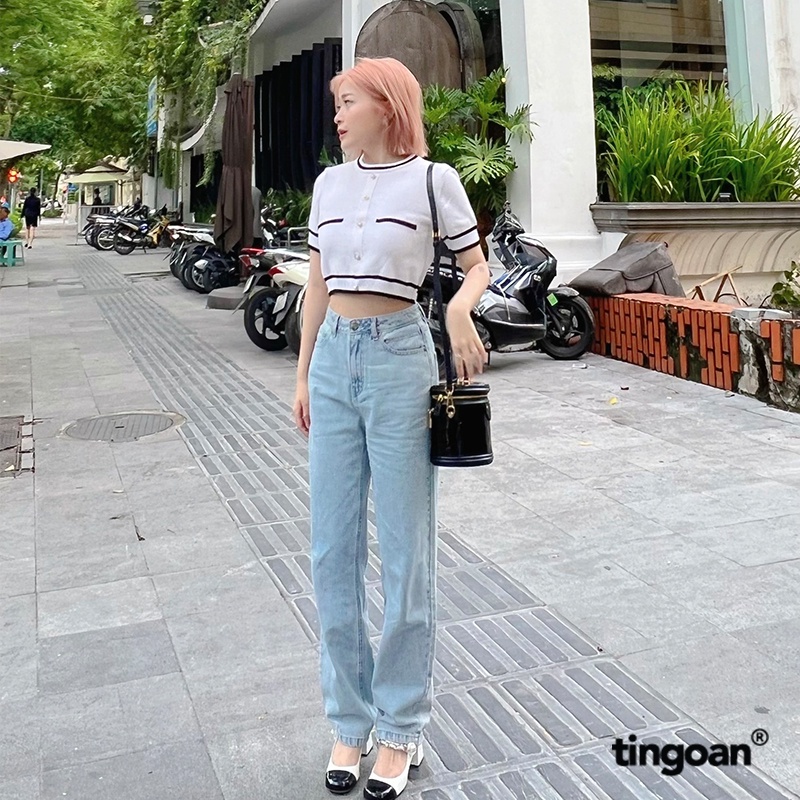 TINGOAN® - Áo len ngắn tay viền đen chống nhăn trắng  ALISSA TOP/WH