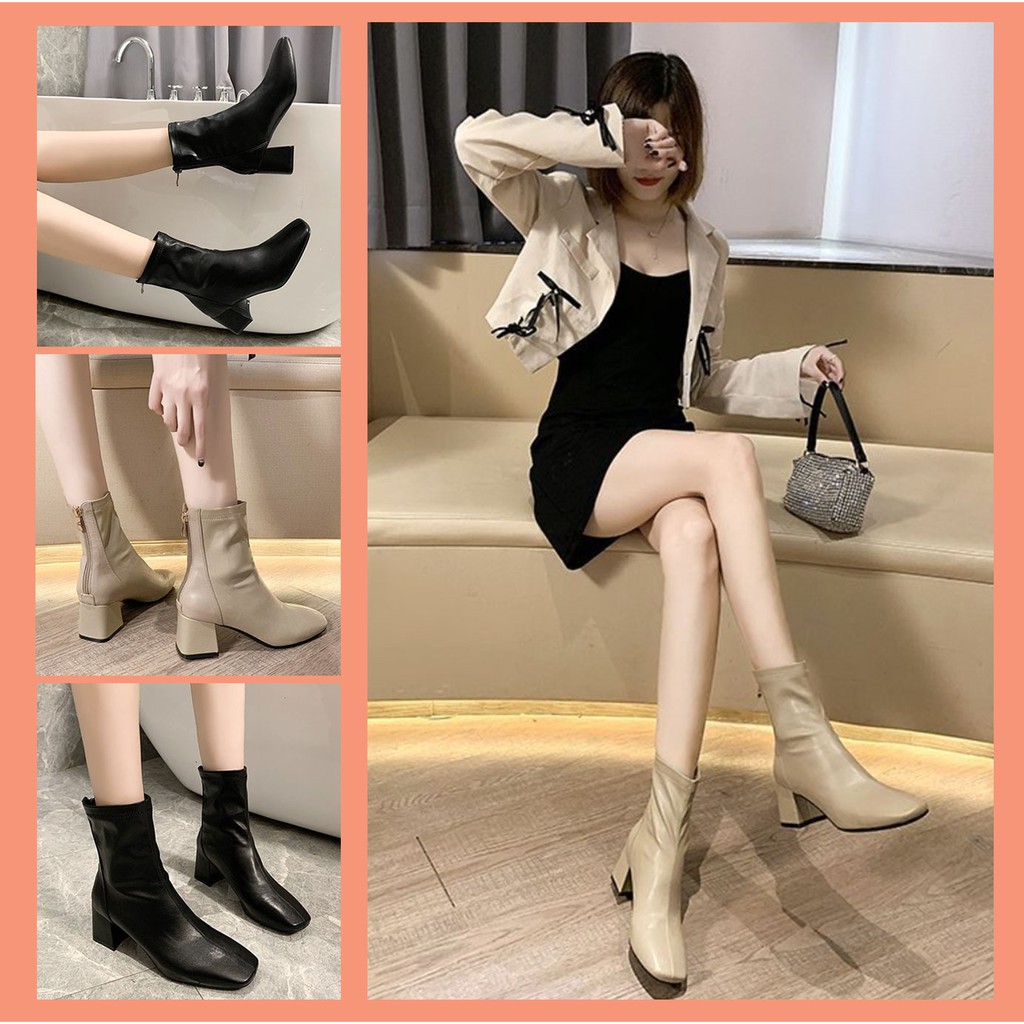 Boots Cổ Ngắn, Mũi Vuông, Da Bóng - Giày Bốt Ulzzang Nữ Đế Cao 6cm, Chất Mềm Siêu Êm Chân - Mã 138