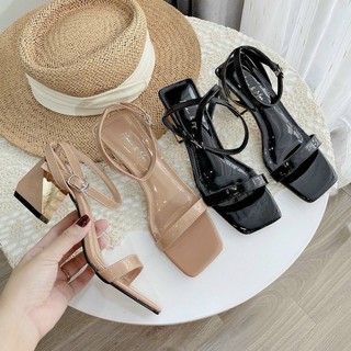 (Hàng Hot) Sandal Guốc Cao Gót Nữ Màu Nude Và Đen Gót Tag Vàng
