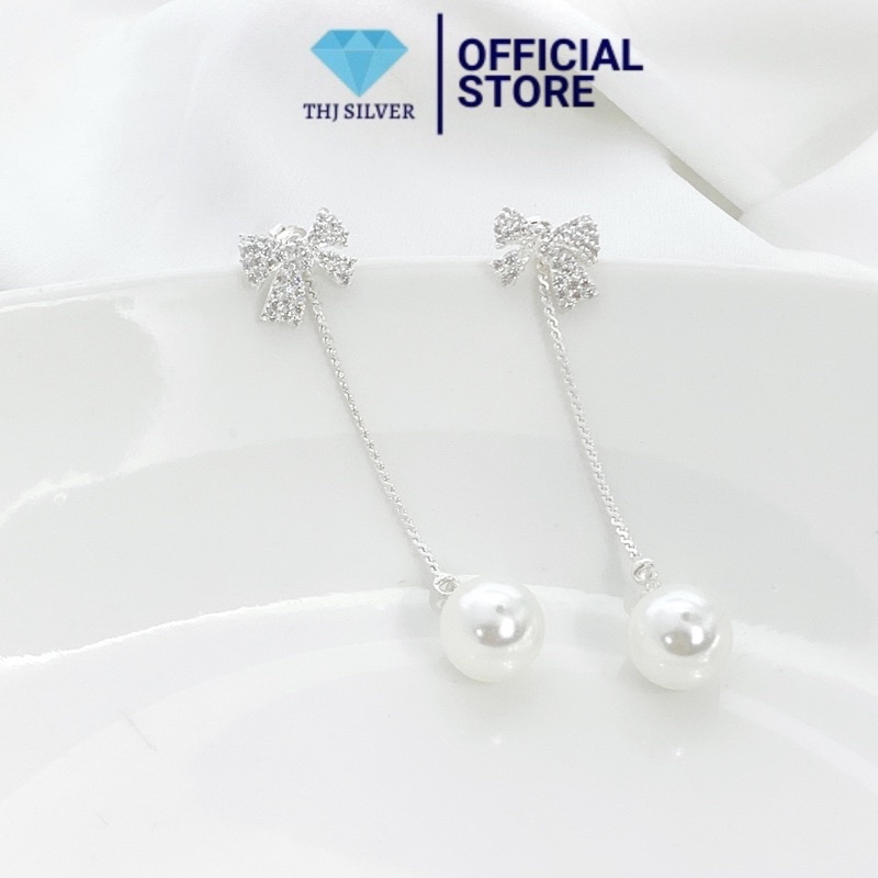 Bông tai nơ tua trai đính đá cách điệu , chuẩn bạc ta - THJ SLIVER