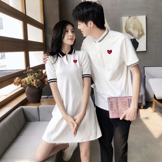 Đồ đôi nam nữ váy tim đỏ kết hợp thun polo nam thêu tim đỏ