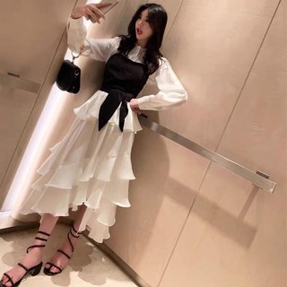 Váy đầm nữ midi sơmi trắng phối đen vạt bèo tầng