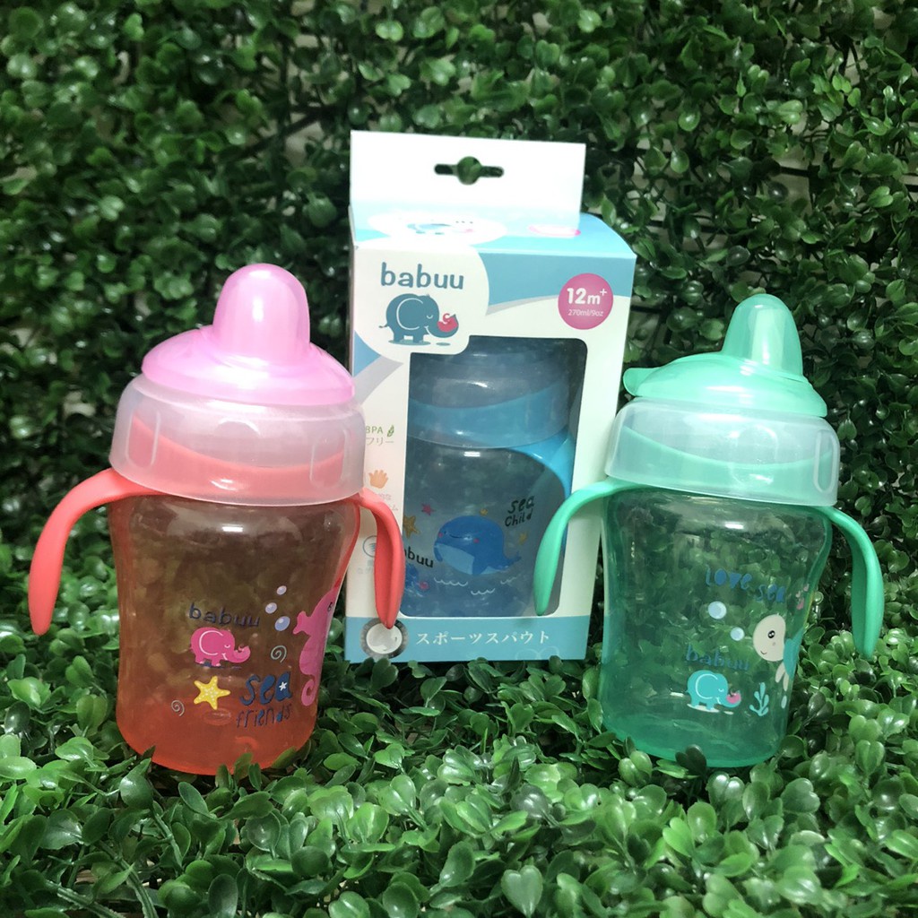 Bình tập uống nước đầu hút silicon mỏ vịt có tay cầm Babuu Nhật Bản 240ml bình nước cho bé đi học Homedy Kids BN09