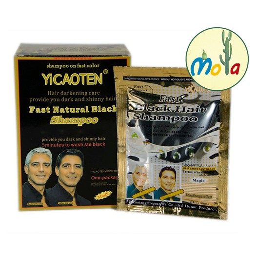 Hộp 10 Gói Dầu Gội Nhuộm Đen Tóc YiCaoTen - Gội Là Đen (Hộp 10 Gói Có Kèm Bao Tay) mola