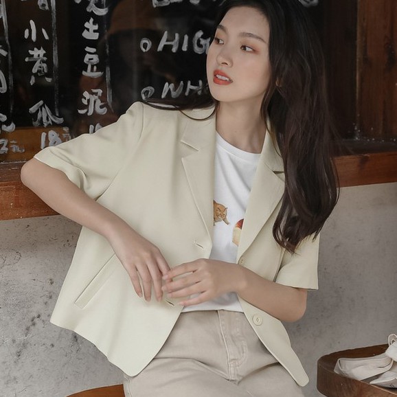 Áo blazer cộc tay croptop màu trơn 2 cúc, áo khoác vest dáng ngắn phong cách Hàn Quốc | BigBuy360 - bigbuy360.vn