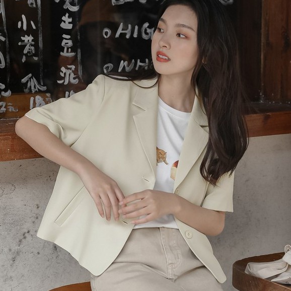 Áo blazer cộc tay croptop màu trơn 2 cúc, áo khoác vest dáng ngắn phong cách Hàn Quốc