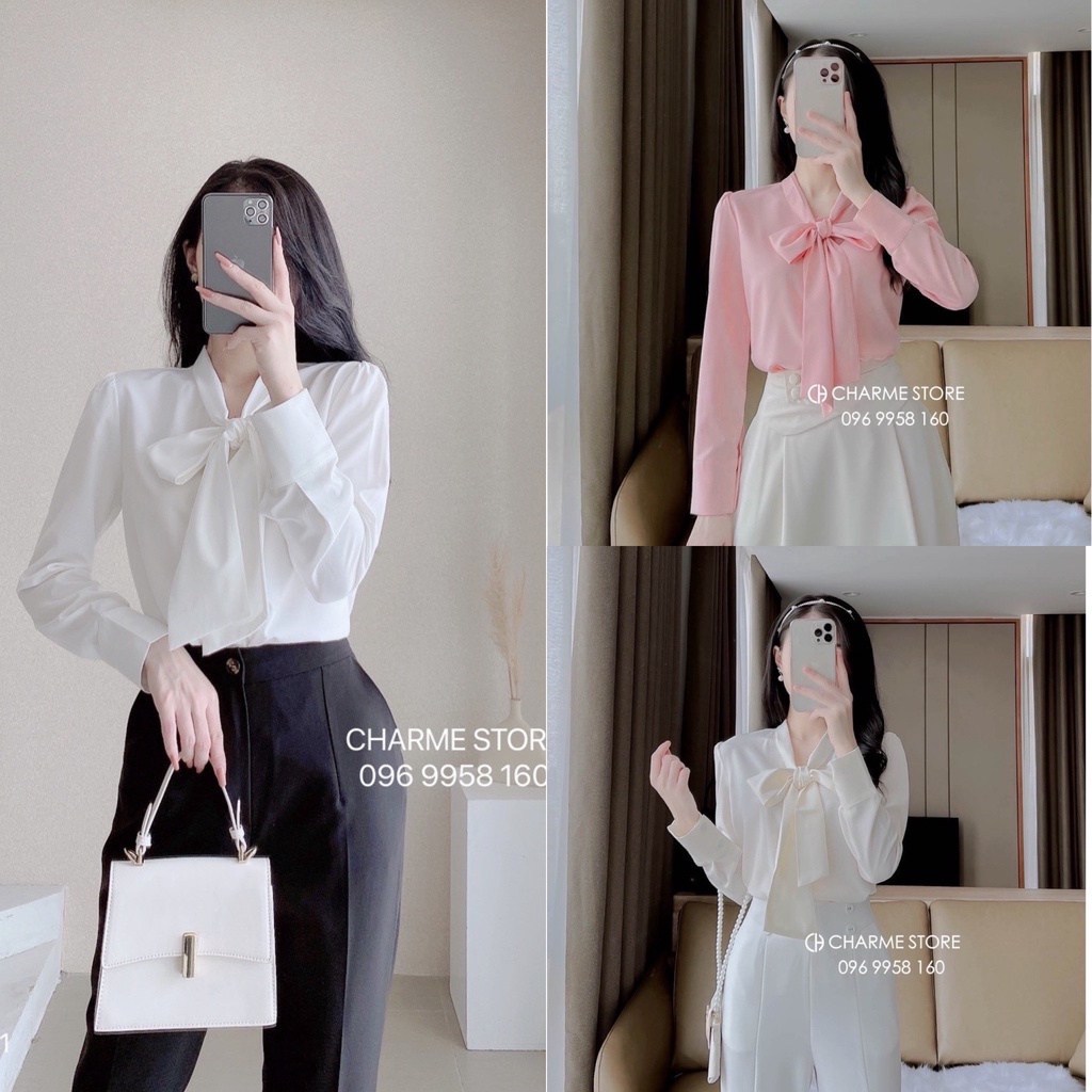 Áo sơ mi nữ trơn dài tay cổ nơ thiết kế Charme 110091