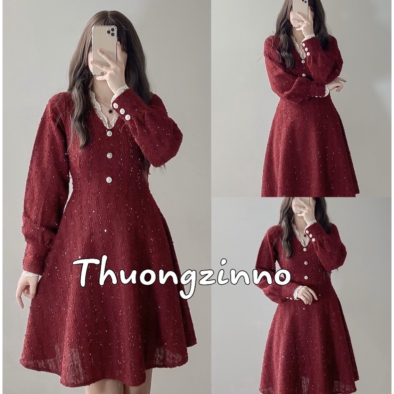 [Ảnh thật/Video] Đầm Dệt Kim Tay Phồng Cổ Chữ V Xinh Xắn Thanh Lịch Đầm Dài Dáng Chữ A Màu Đỏ Phong Cách Hàn Quốc Cho Nữ | BigBuy360 - bigbuy360.vn