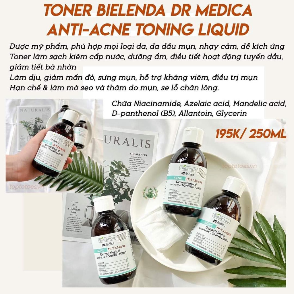 Toner Bielenda Dr Medica Anti-acne Dermatological Toning Liquid làm sạch sâu &amp; dịu da, giảm mụn, kiềm dầu nhờn