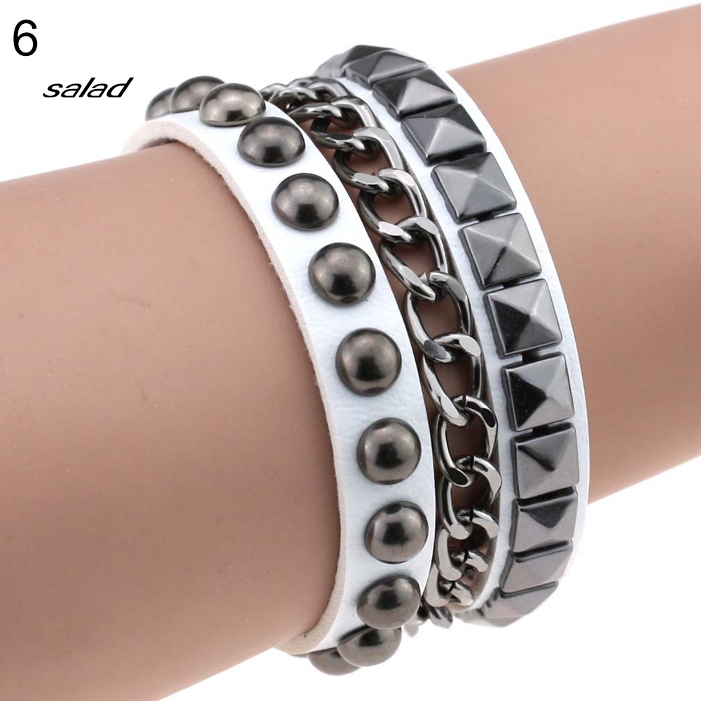 【SD】Women's Layered Punk Rock Rivet Bracelet Studded Faux Leather Metal Chain Bangle