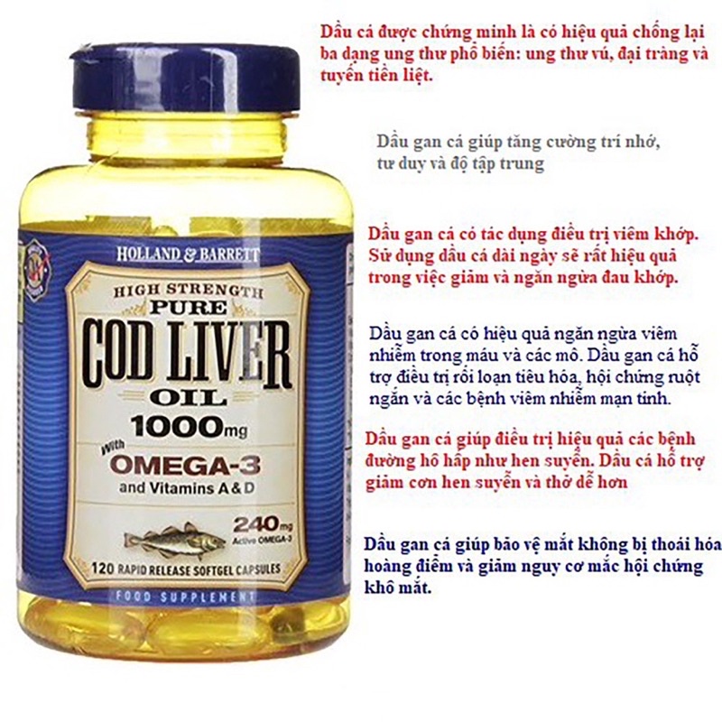 Dầu gan cá tuyết Pure Cod Liver Holland & Barret UK hàm lượng 1000mg