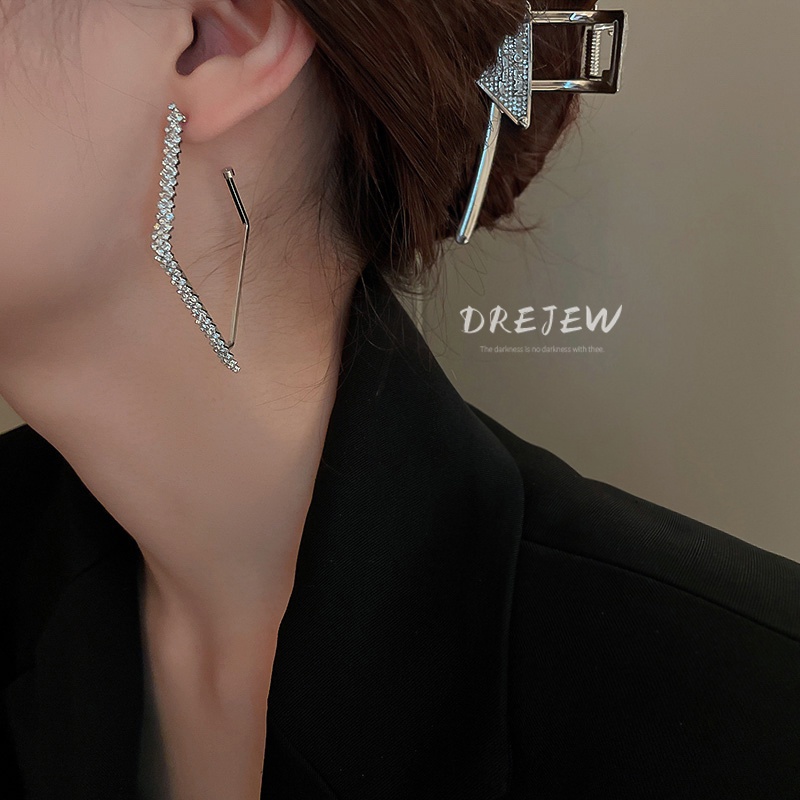 Khuyên tai DREJEW 2 hai lớp đính kim cương giả màu bạc thời trang dễ phối đồ phong cách cá tính