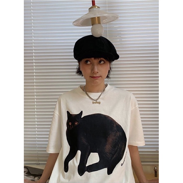 Áo phông unisex Black Cat phong cach Hàn Quốc màu trắng - A024