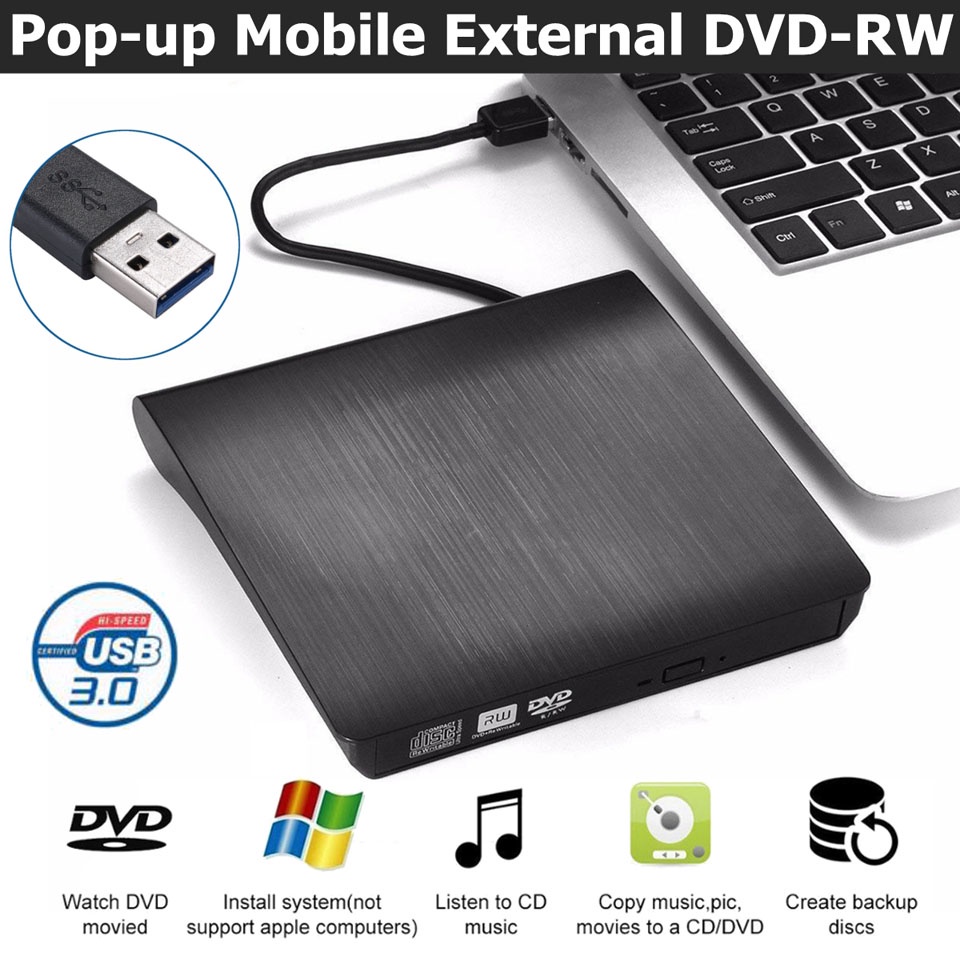 Đầu đọc đĩa CD-RW DVD gắn ngoài có cổng USB3.0 Ổ ghi DVD mỏng bên ngoài dành thiết kế dùng rời kết nối cho máy tính/laptop