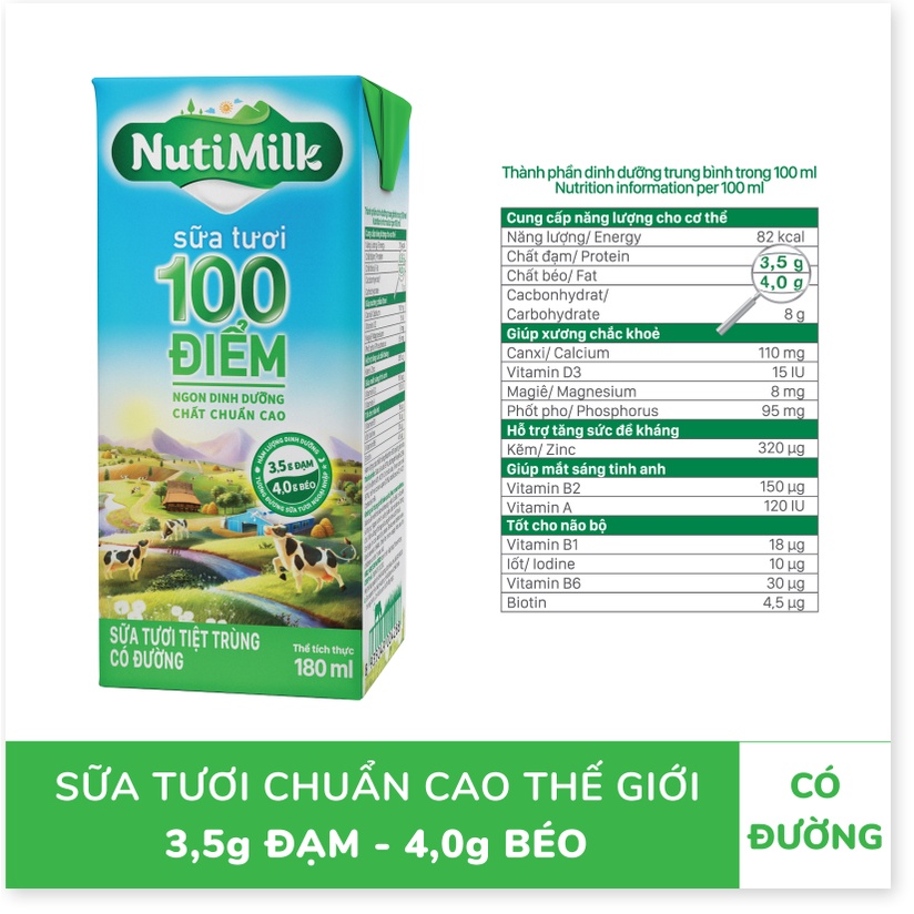 [MIỄN PHÍ ĐƠN HÀNG TỪ 49K] NutiMilk Sữa tươi 100 điểm - Sữa tươi tiệt trùng Có đường 180ml STCD180CRN - Thương Hiệu NUTI