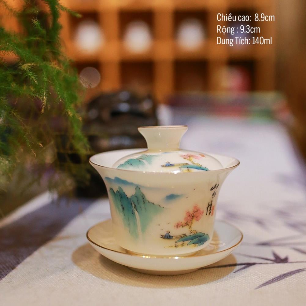 Chén khải men sứ trắng có hoạ tiết, loại dùng cho người bán chuyên nghiệp, pha trà hoặc uống trà.
