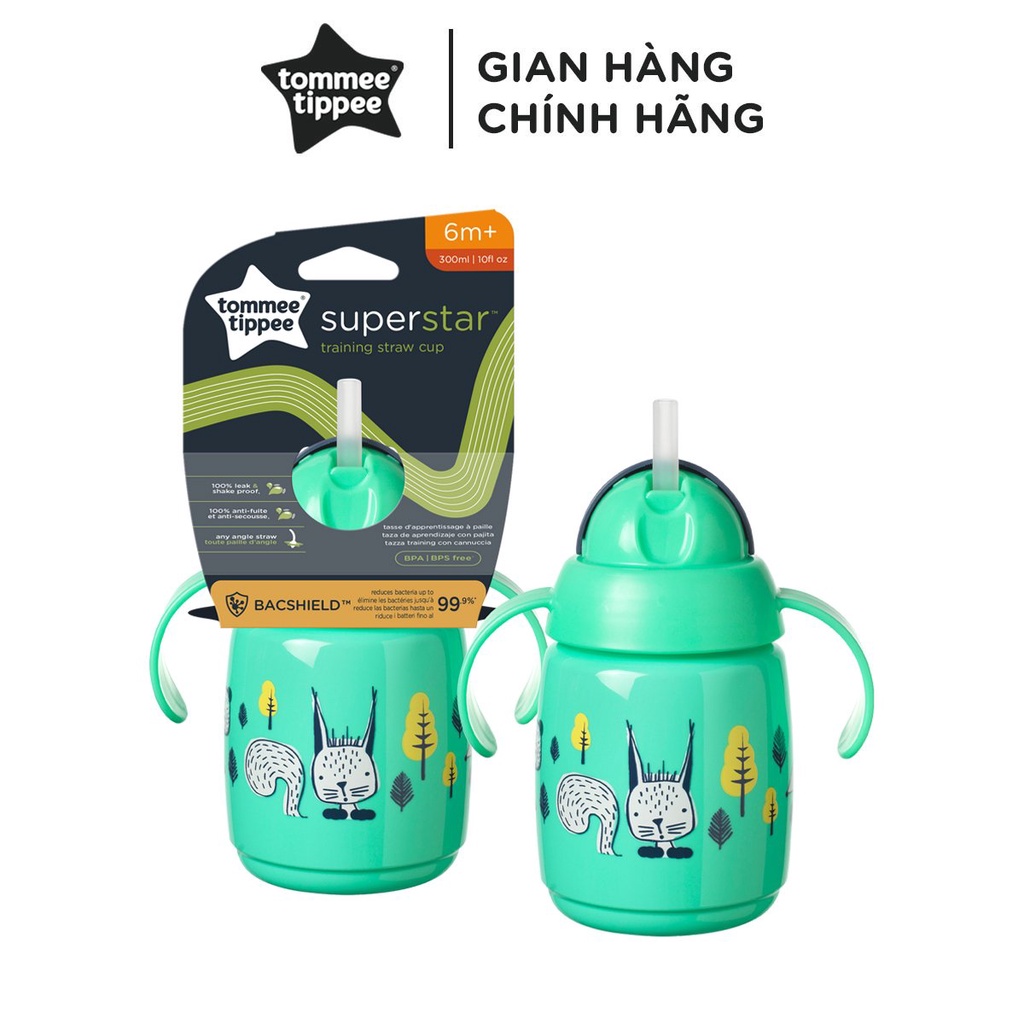 Bình tập uống nước có ống hút đáy nặng kháng khuẩn chống tràn, chống sặc cho bé Tommee Tippee SuperStar – Xanh lá