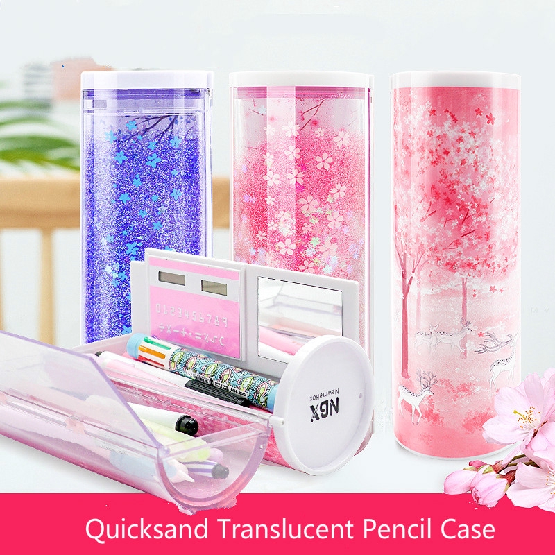 124Korean Quicksand Translucent Pencil Cases Multifunction Cylindrical Pencil Box School Case Cute Girl Boy Pink Blue Pen Holder