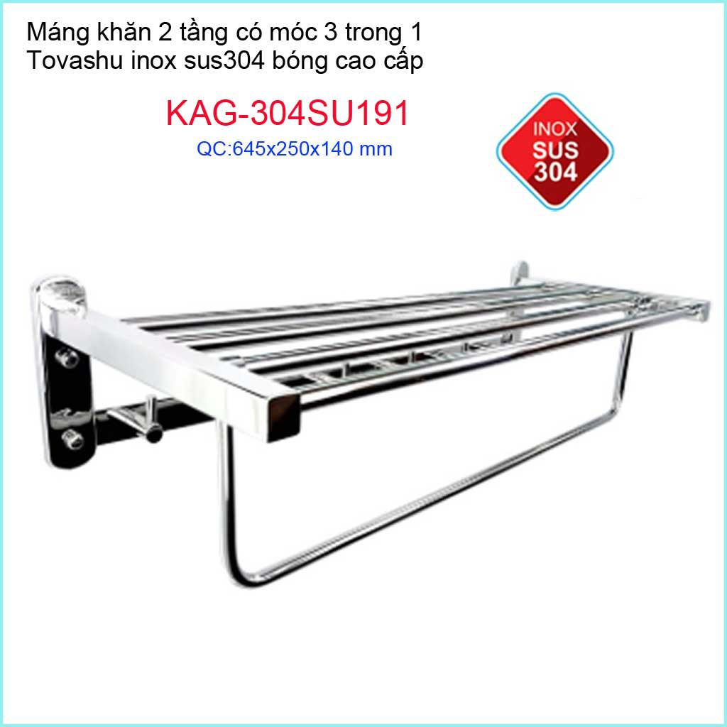 Thanh treo khăn tắm Tovashu KAG-304SU191, Giá treo khăn phòng tắm Inox hộp cao cấp SUS304 Nhật Bản