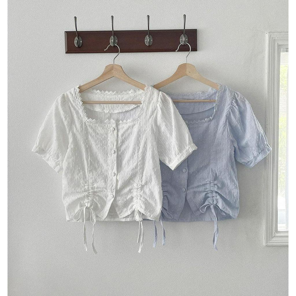 Áo Sơ Mi Ngắn Tay Cổ Vuông Thêu Ren Dây Rút Thời Trang Sành Điệu 53669