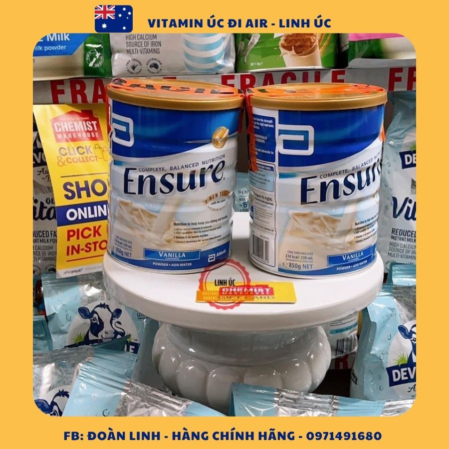 Sữa ENSURE Úc hộp 850g, Hàng chuẩn Úc Đi Air, Sữa Bột Ensure 850gr hàng Úc