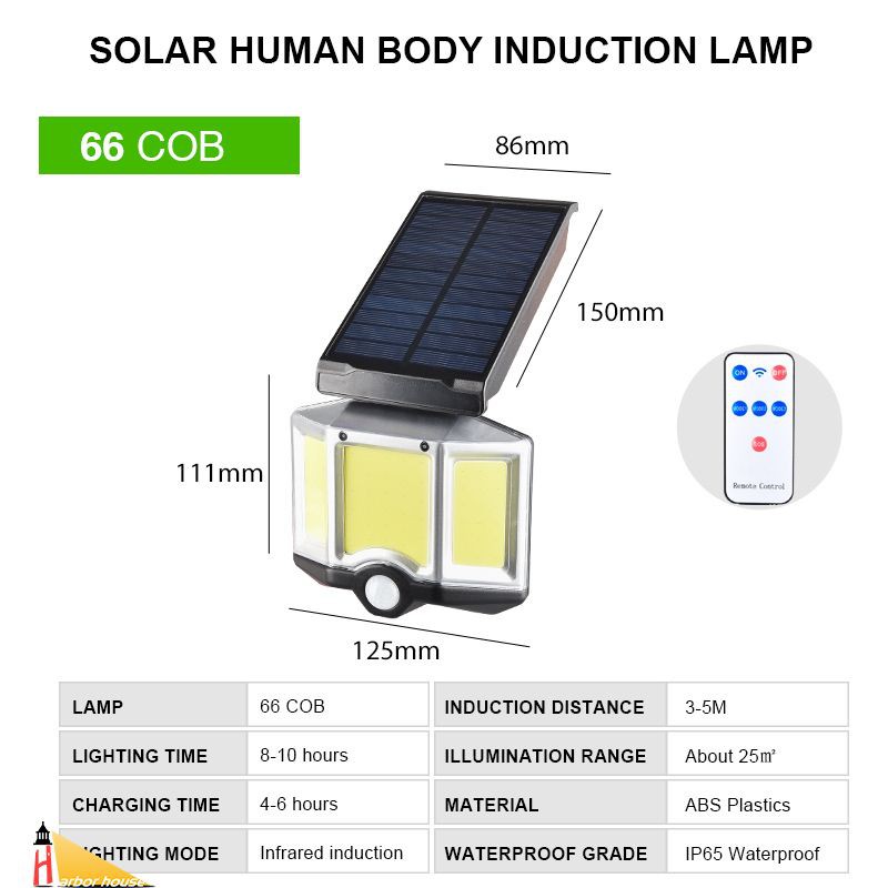 Đèn led cảm biến sử dụng năng lượng mặt trời gồm 66 bóng chống thấm nước gắn tường trang trí sân vườn ngoài trời