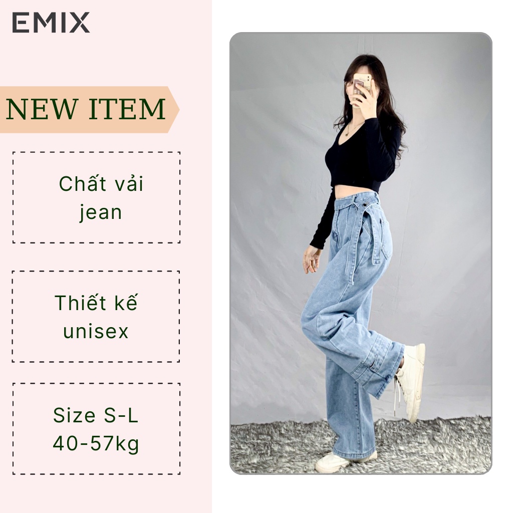 Quần jean nữ cá tính EMIX (màu xanh), unisex, dáng dài, cạp cao, nối chân, chất jean mềm nhẹ, giãn ít mã 9999