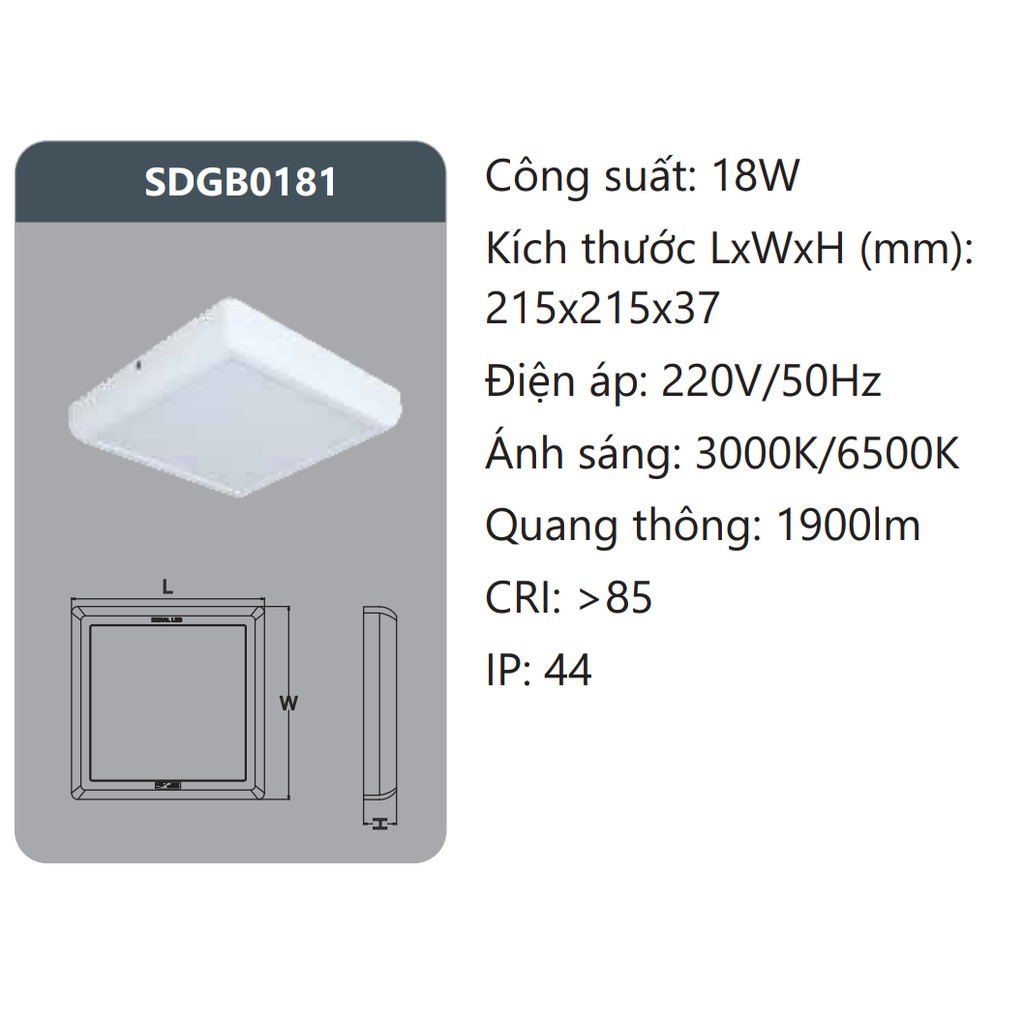 (Chính hãng) Đèn Led Ốp Trần Vuông 18W DUHAL