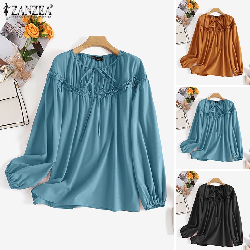 ZANZEA Áo Kiểu Nữ Dài Tay Cổ Tròn Cột Dây Thời Trang Châu Âu