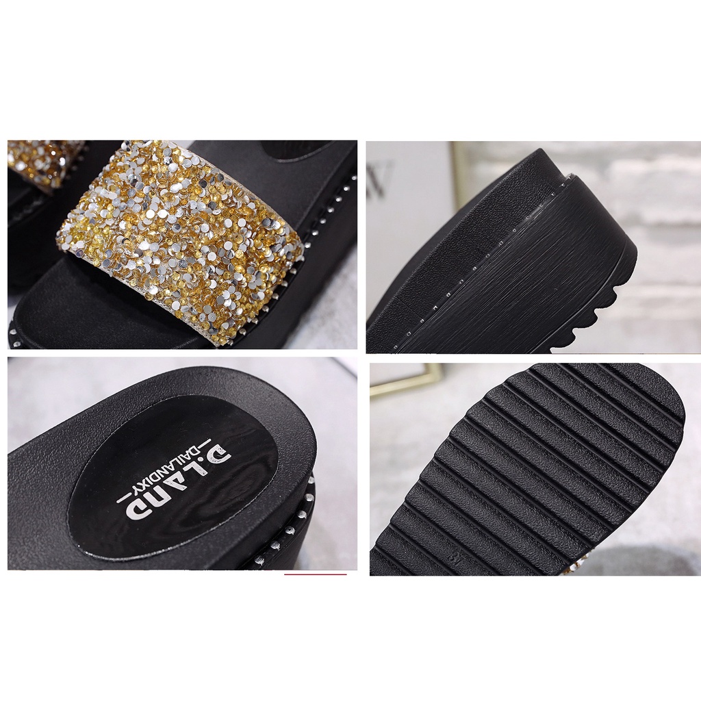 Dép Nữ Đế Xuồng Cao Gót Quai Ngang Đính Cườm Cao 7Cm