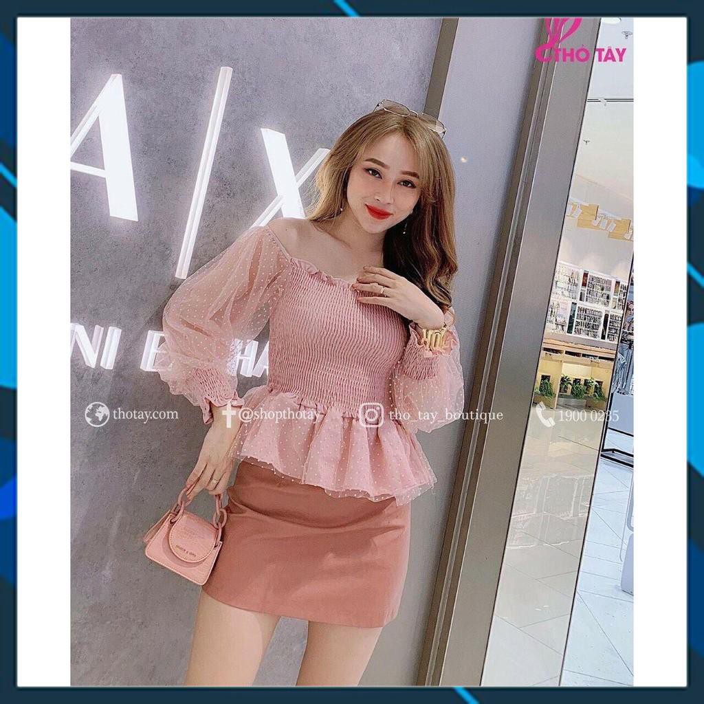 1125A26B1 Áo trễ vai peplum dài tay voan nhún chấm bi tiểu thư ngọt ngào