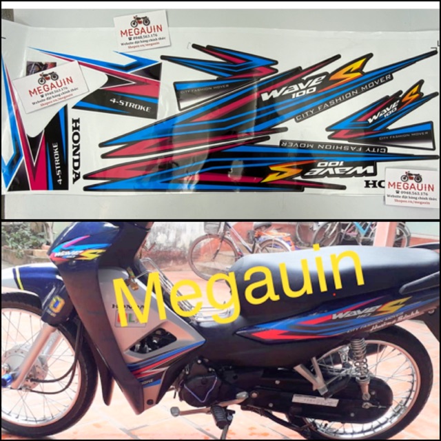 Tem decal rời Wave 2006-2016, Wave 50cc kiểu S100 Xanh Hồng MG883036