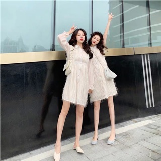 Váy bạn thân trắng be có lông